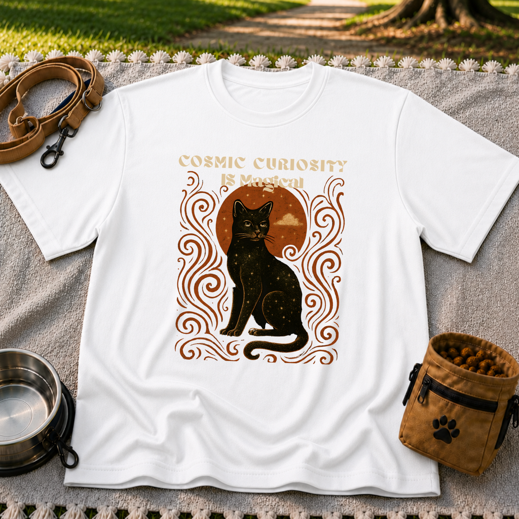 Black cat, moonlike circle and surrounding stars on a White T-shirt.