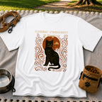 Black cat, moonlike circle and surrounding stars on a White T-shirt.