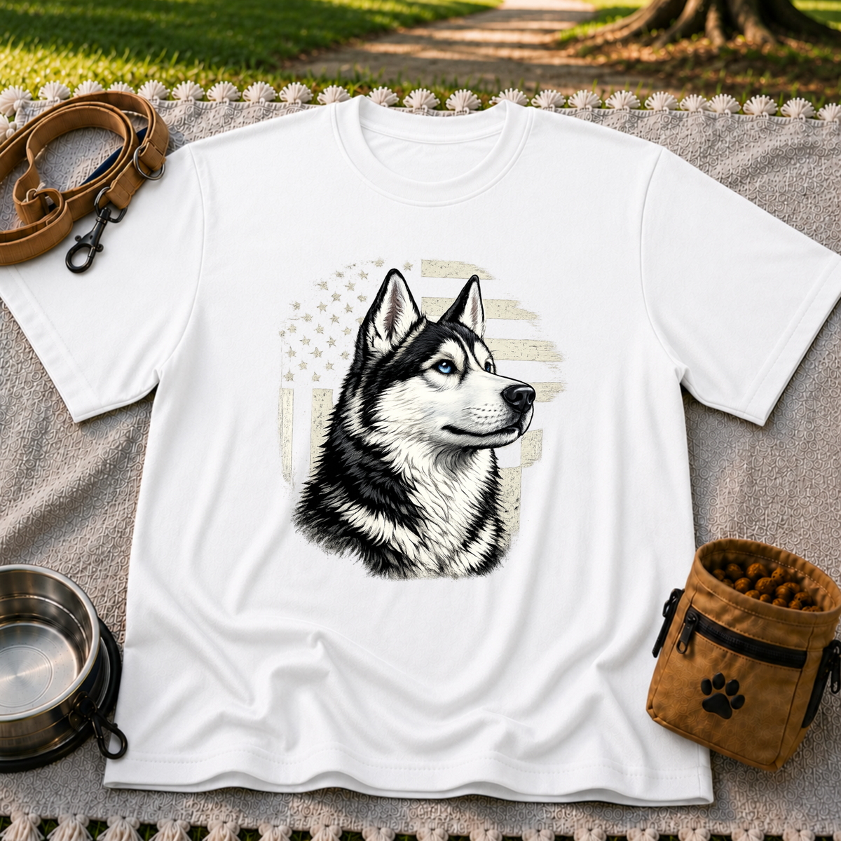 Patriotic Siberian Husky Dog design on a White T-shirt.