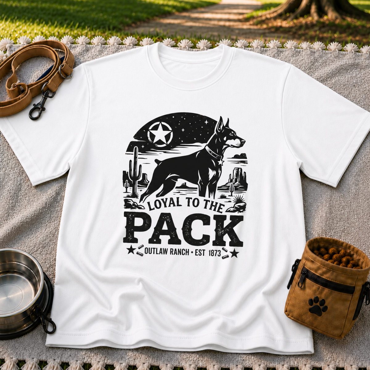 a ranch dog inside a “Loyal to the Pack” western badge. On a White T-shirt.