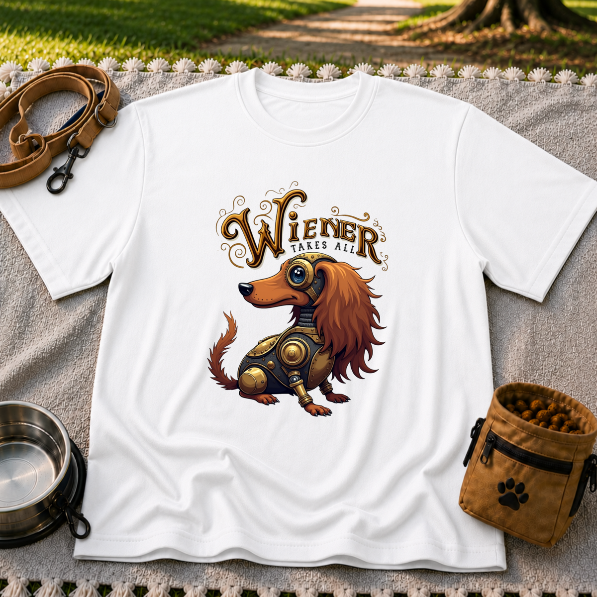 Wiener Takes All Steampunk Dachshund design on a White T-shirt.