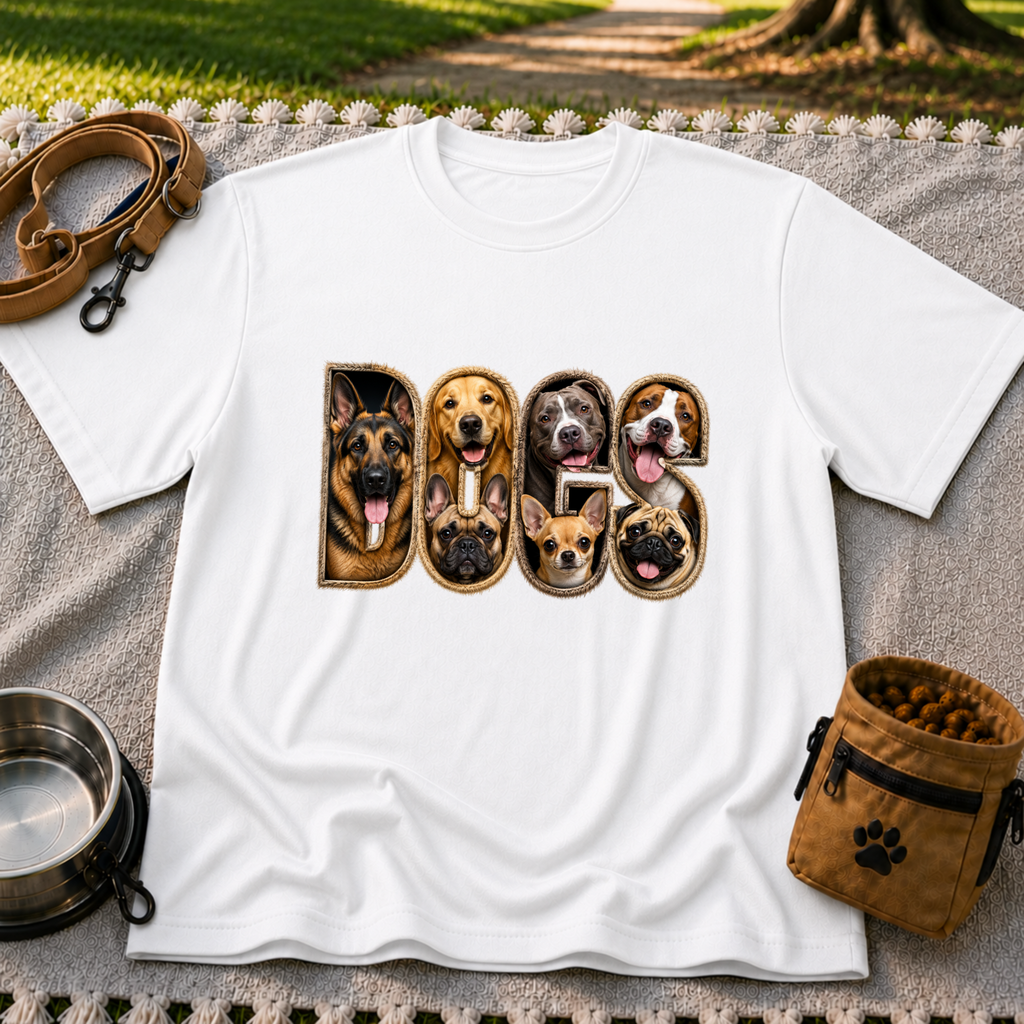 Dogs Dogs Dogs Dog Lover design on a White T-shirt.