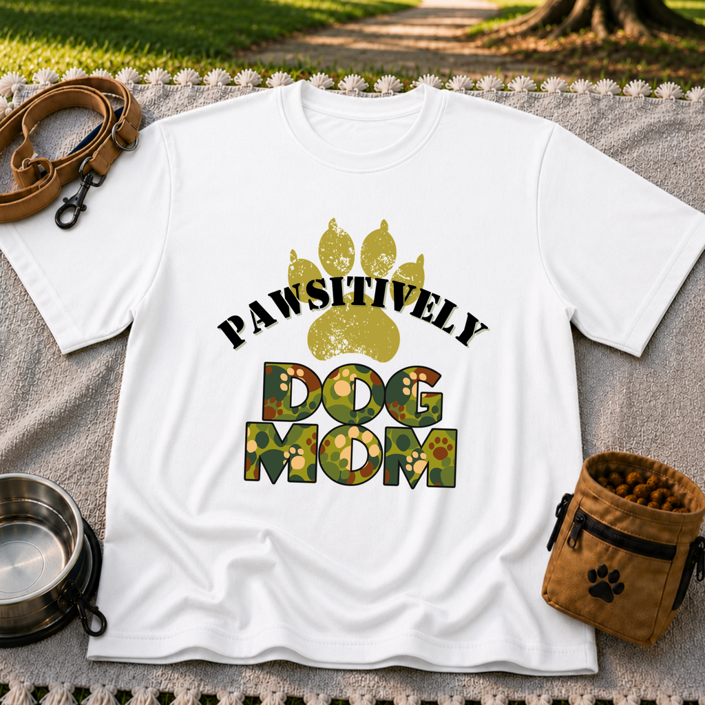 “Pawsitively Dog Mom” lettering in a camouflage treatment. On a White T-shirt.