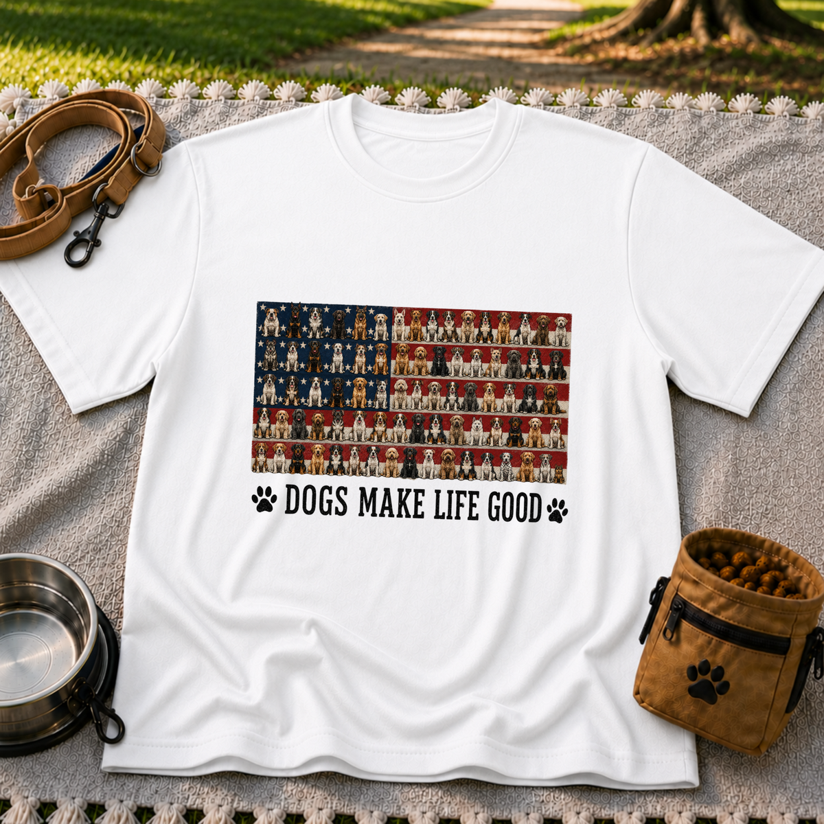 White T-shirt mockup featuring rows of dog portraits over an American flag with Dogs Make Life Good lettering.