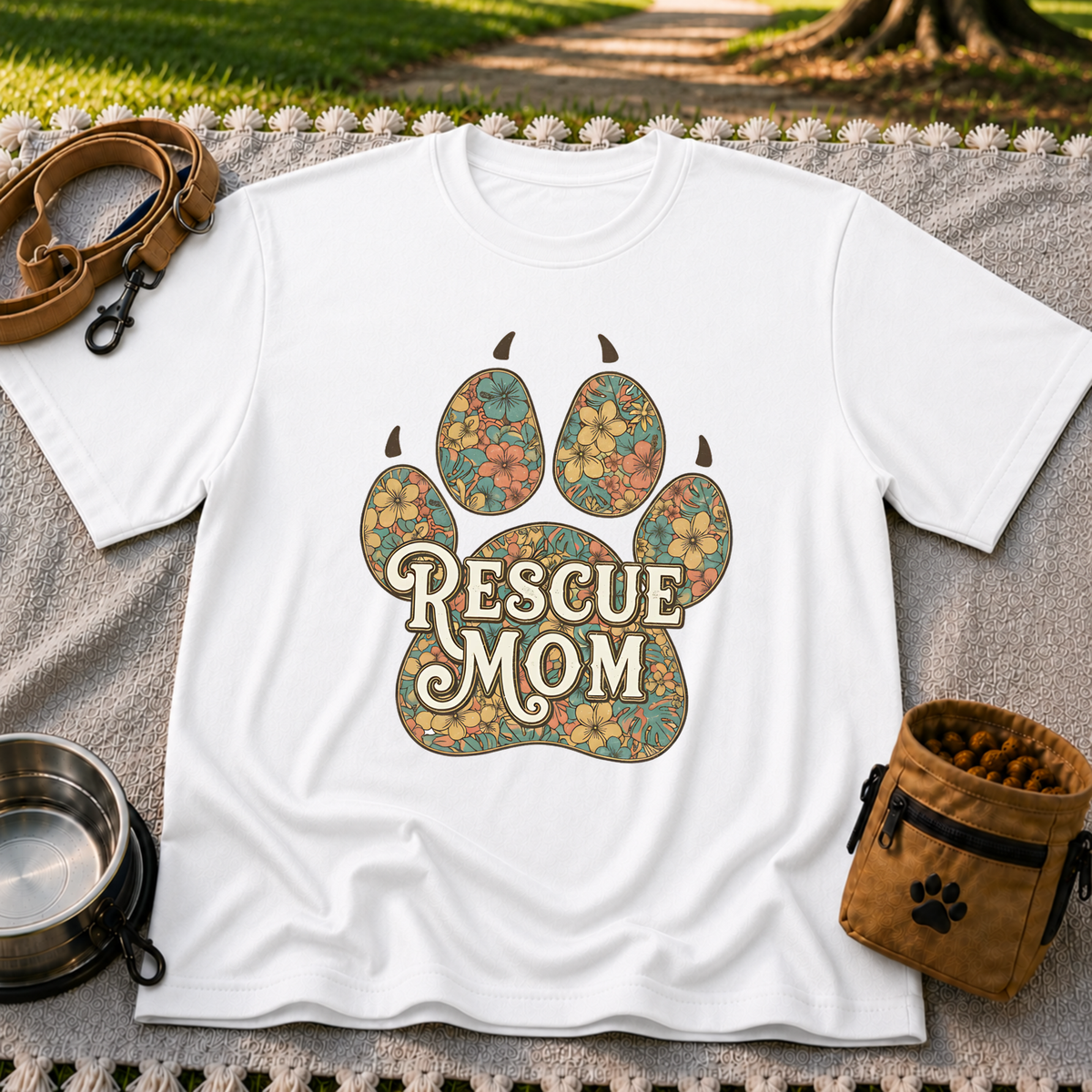 Rescue Mom Floral Paw Print design on a White T-shirt.