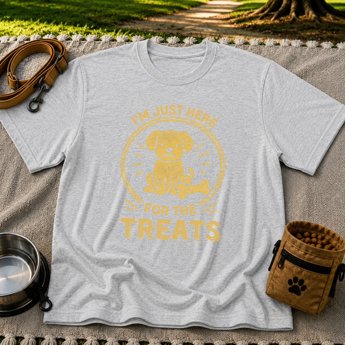 I'm Just Here for the Treats design on a Sport Grey T-shirt.