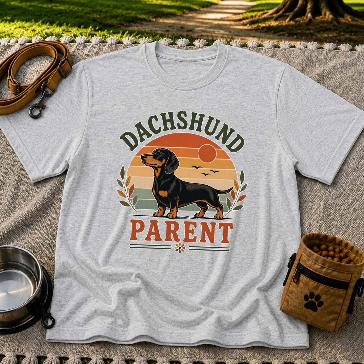 Sport Grey T-shirt mockup featuring dachshund portrait in a striped sunset badge with Dachshund Parent lettering.