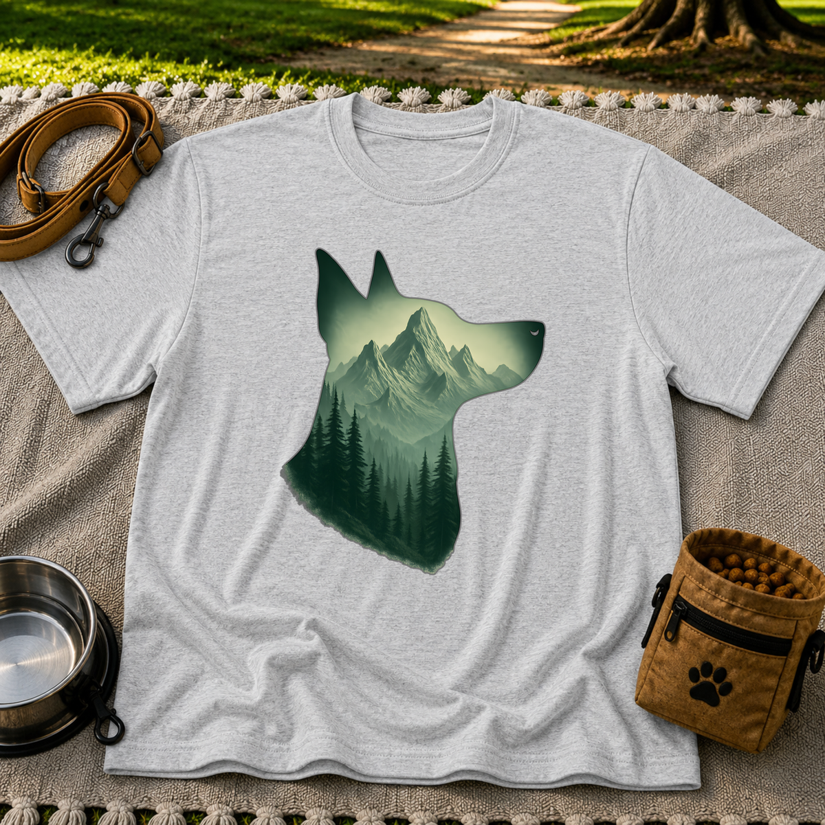 Mountain Dog Wilderness artwork on a Sport Grey T-shirt.