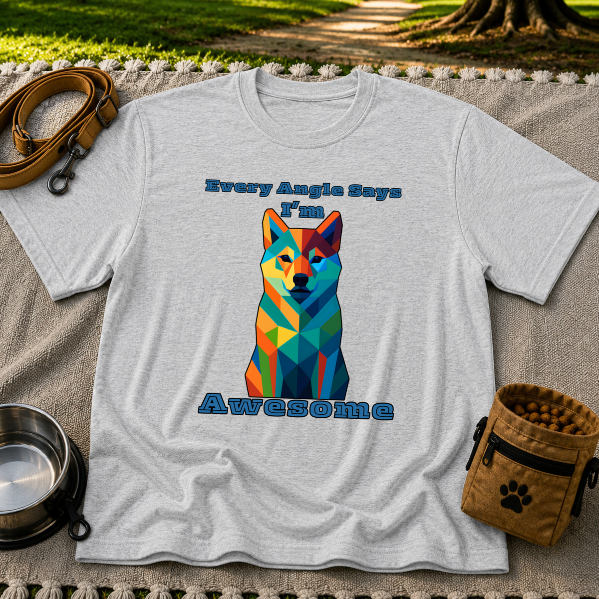 Sport Grey T-shirt mockup featuring blue-toned geometric dog portrait with Every Angle Says I’m Awesome lettering.