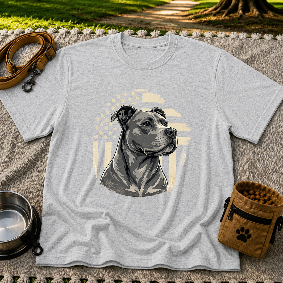 Patriotic Pit Bull Dog design on a Sport Grey T-shirt.