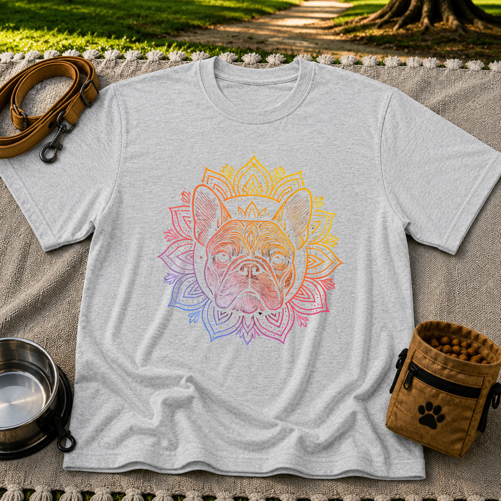 Bohemian French Bulldog Mandala artwork on a Sport Grey T-shirt.