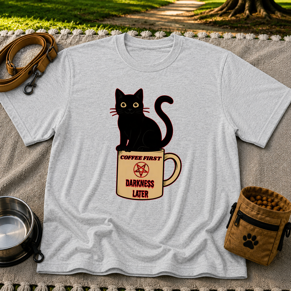 Sport Grey T-shirt mockup featuring black cat sitting on a Coffee First Darkness Later mug.