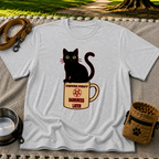 Sport Grey T-shirt mockup featuring black cat sitting on a Coffee First Darkness Later mug.