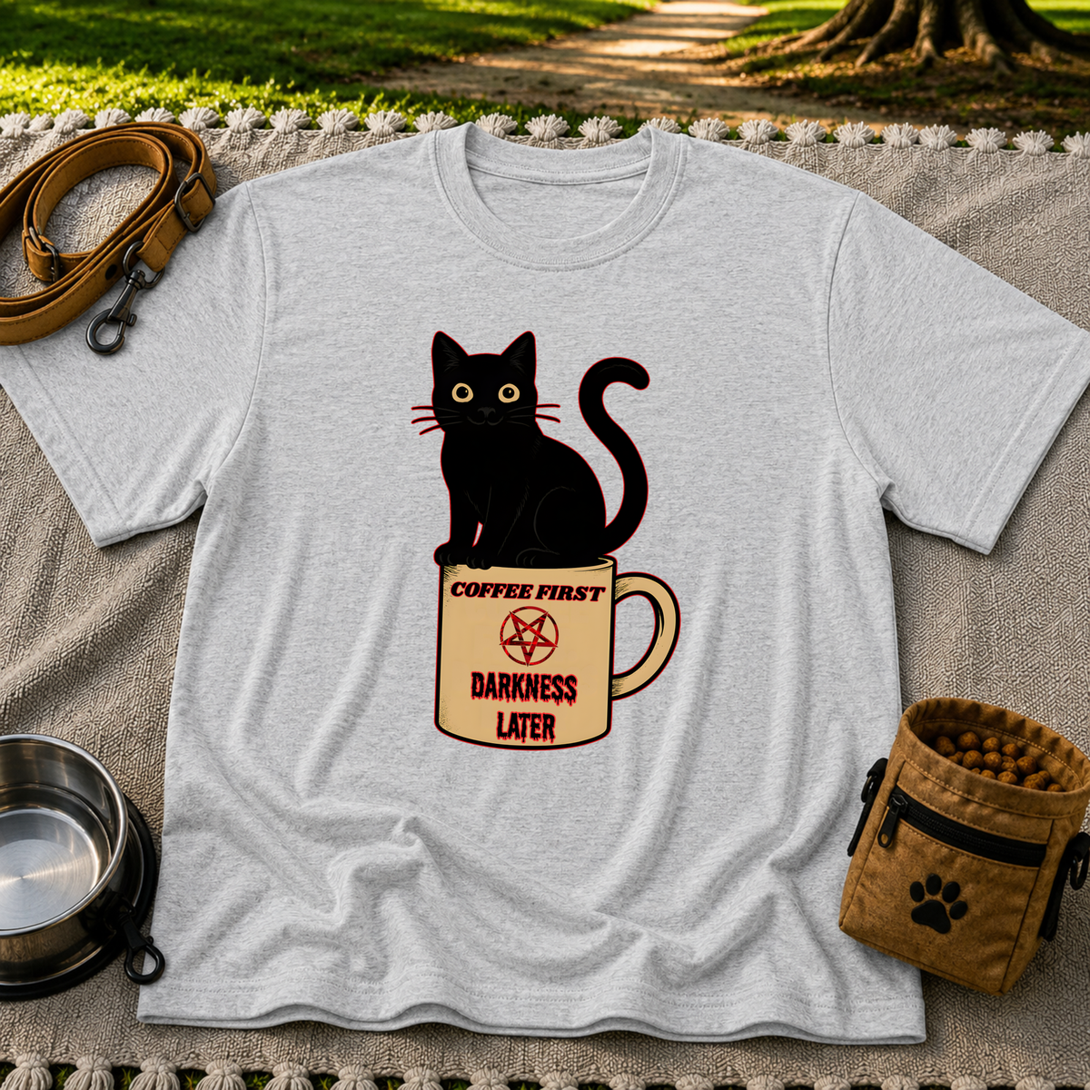 Sport Grey T-shirt mockup featuring black cat sitting on a Coffee First Darkness Later mug.