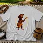 Rockin’ Dachshund Guitar artwork on a Sport Grey T-shirt.