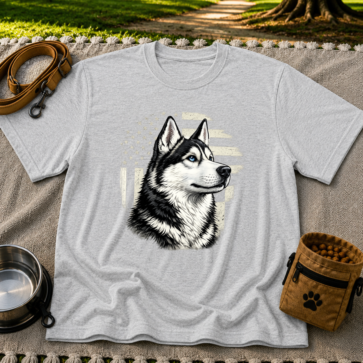 Patriotic Siberian Husky Dog design on a Sport Grey T-shirt.