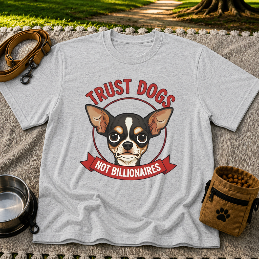 Sport Grey T-shirt mockup featuring Chihuahua portrait above a red Trust Dogs Not Billionaires banner.