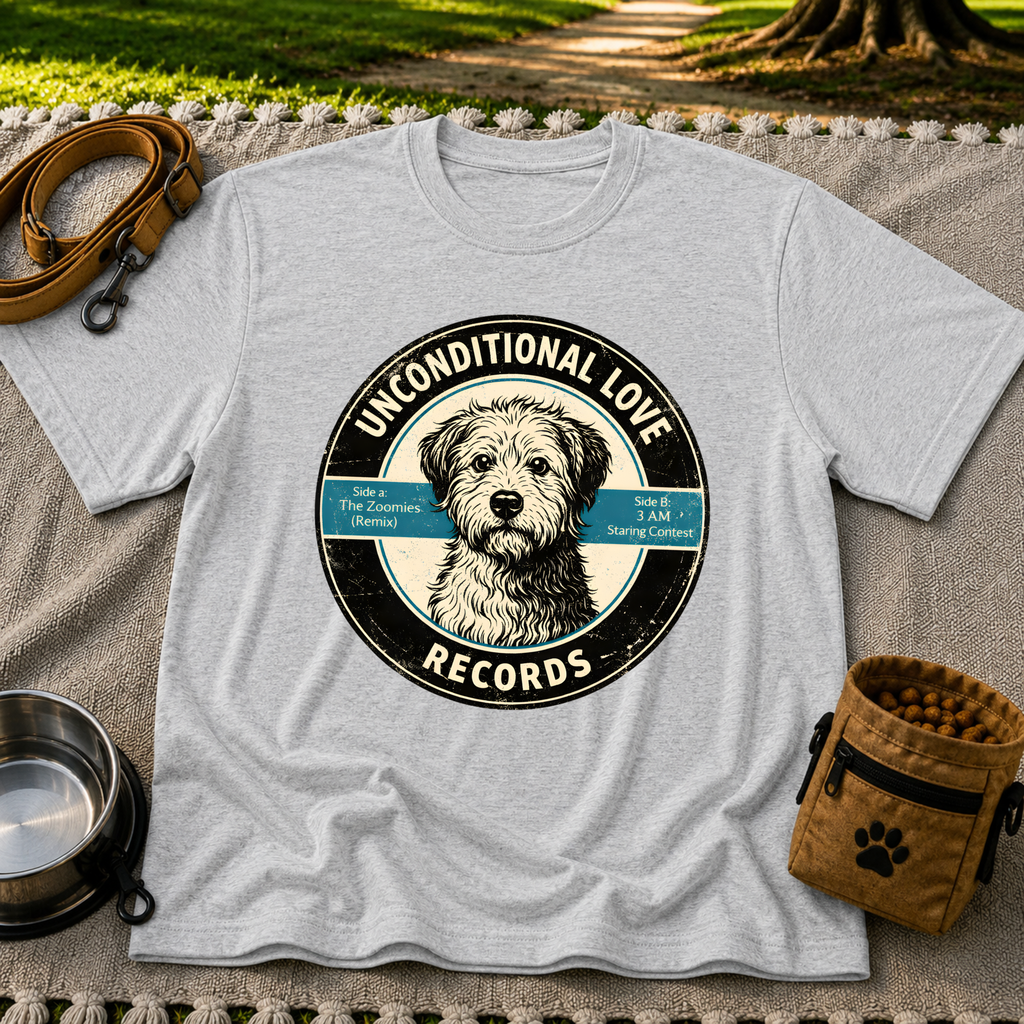 Sport Grey T-shirt mockup featuring shaggy dog portrait on a record label with playful track names.
