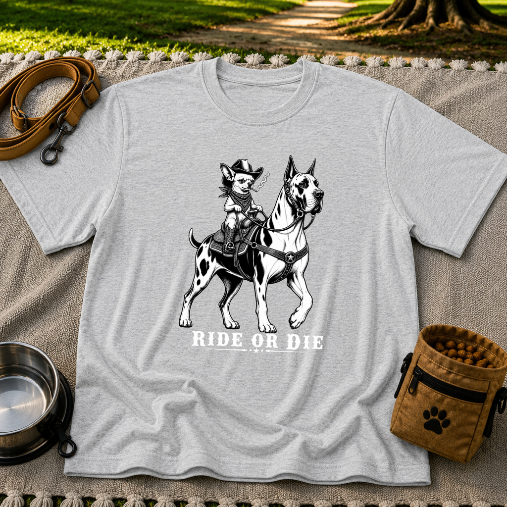 Sport Grey T-shirt mockup featuring cowboy-hat Chihuahua riding a Great Dane above Ride or Die lettering.