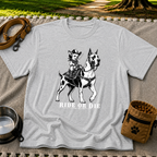 Sport Grey T-shirt mockup featuring cowboy-hat Chihuahua riding a Great Dane above Ride or Die lettering.