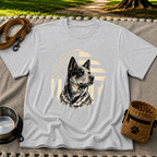 Sport Grey T-shirt mockup featuring Blue Heeler portrait with a weathered American flag and stars.