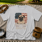 Sport Grey T-shirt mockup featuring pug portrait against a distressed American flag with patriotic lettering.