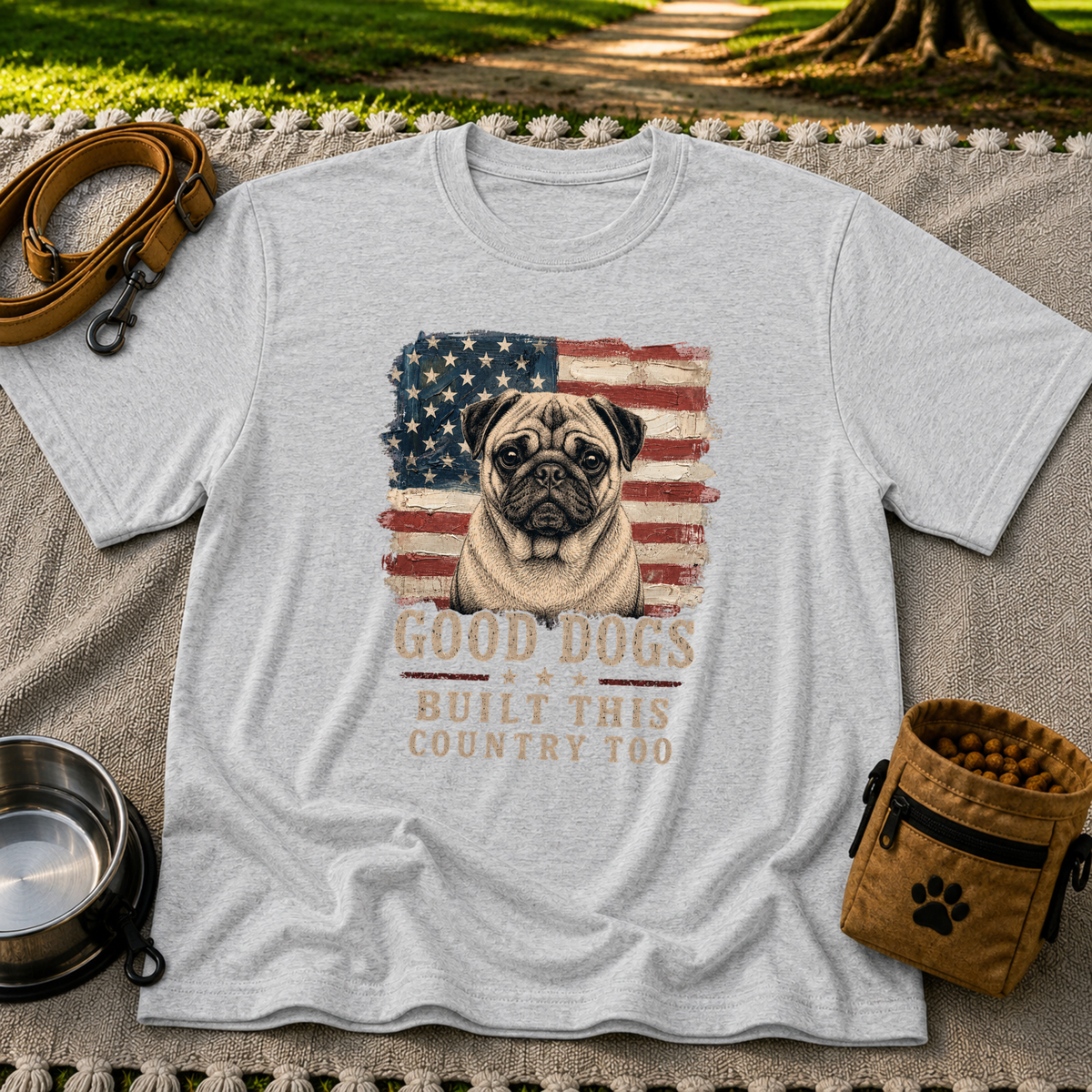 Sport Grey T-shirt mockup featuring pug portrait against a distressed American flag with patriotic lettering.