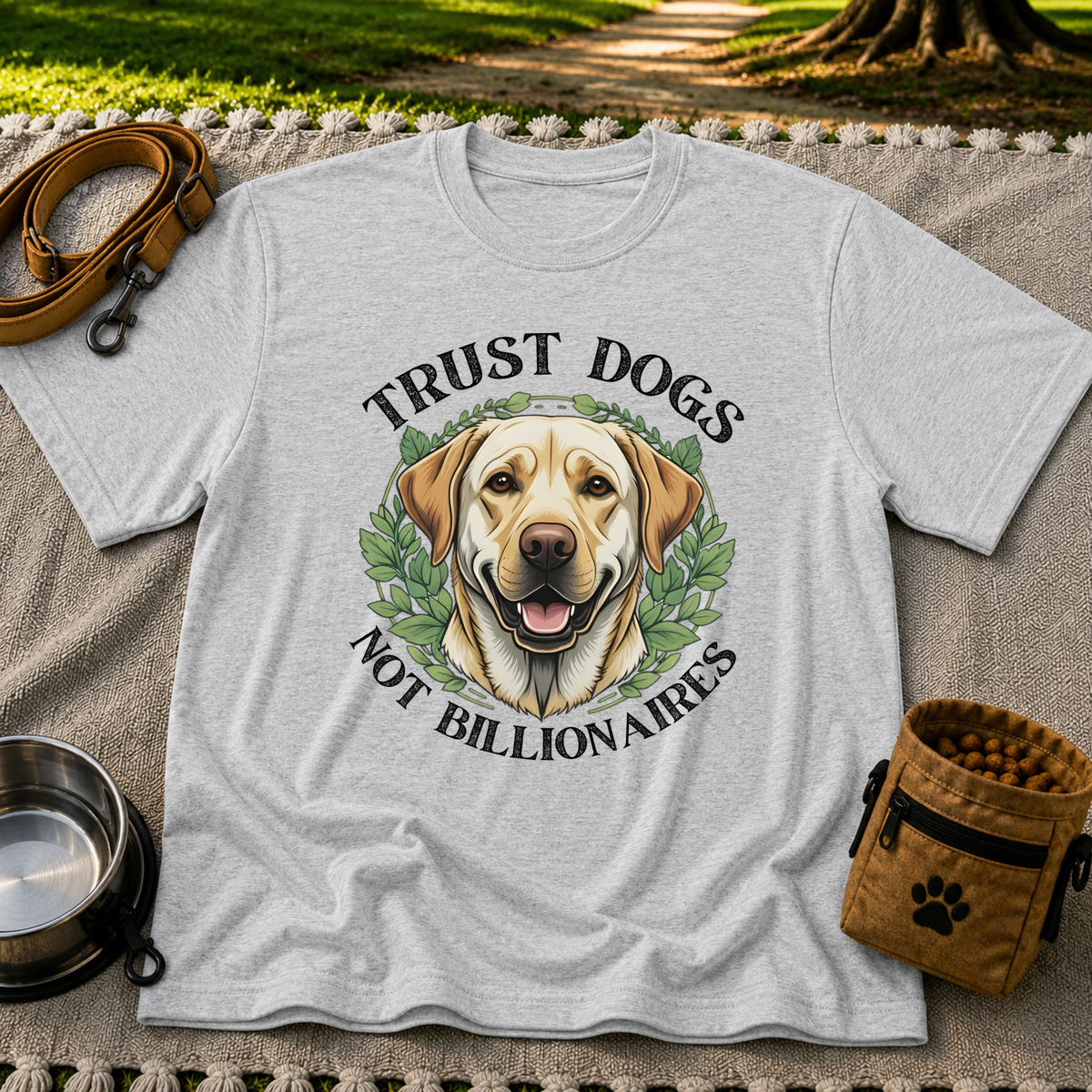 a Labrador portrait framed by “Trust Dogs Not Billionaires”. On a Sport Grey T-shirt.
