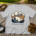 Sport Grey T-shirt mockup featuring hiker and dog following a mountain trail framed inside a paw print.