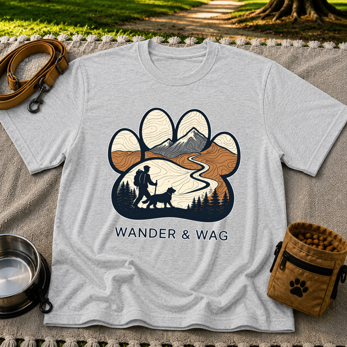 Sport Grey T-shirt mockup featuring hiker and dog following a mountain trail framed inside a paw print.