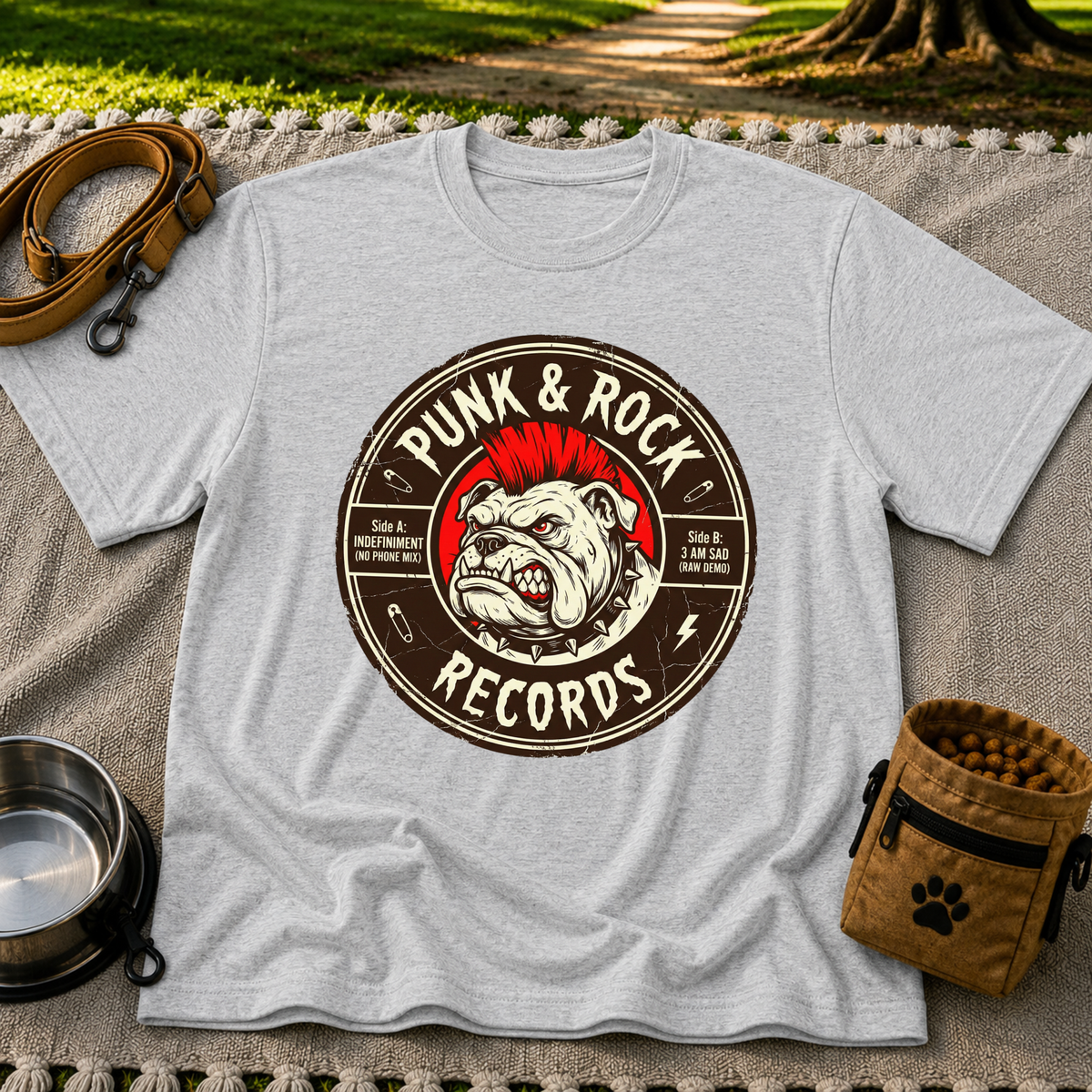 Punk & Rock Bulldog Records design on a Sport Grey T-shirt.