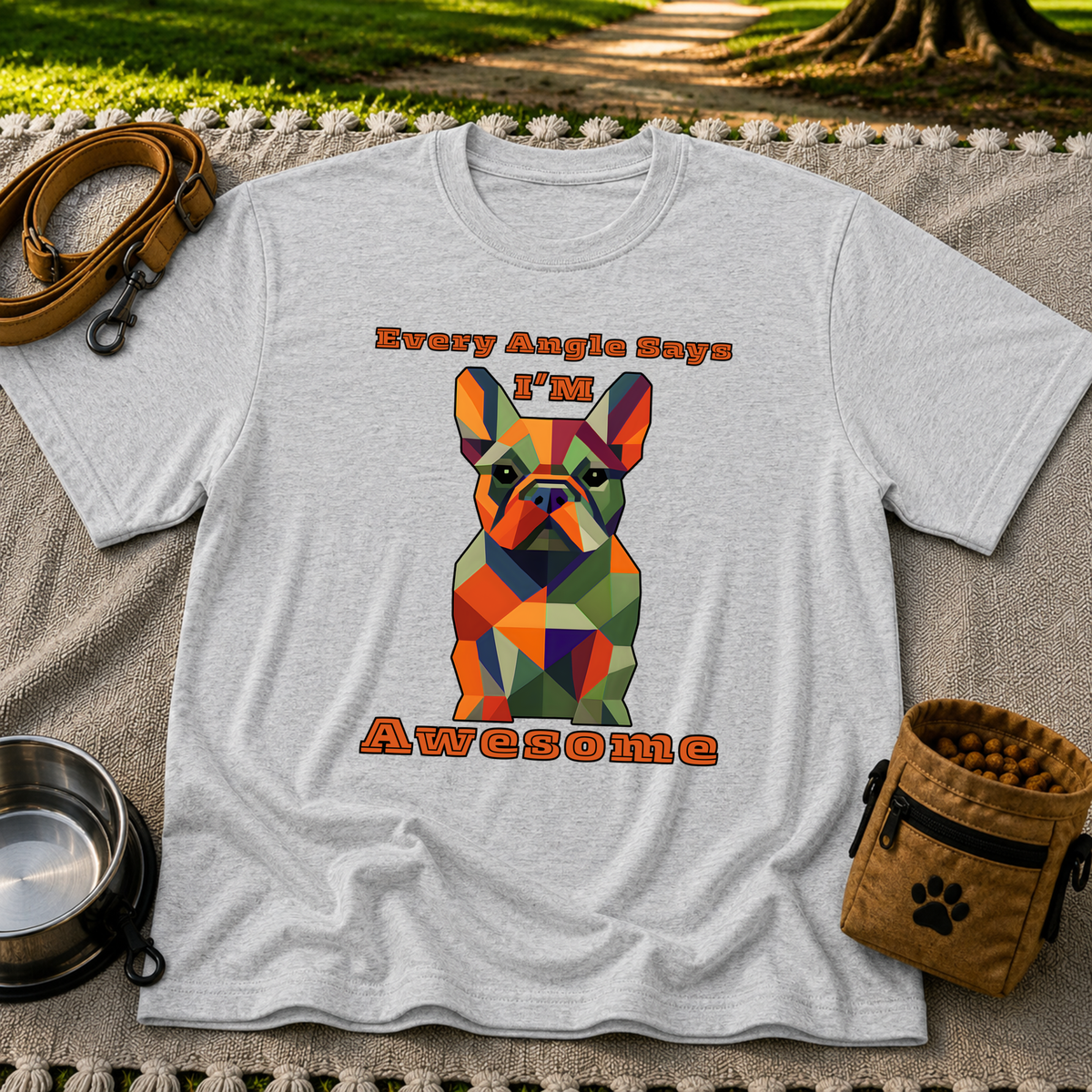 Sport Grey T-shirt mockup featuring faceted multicolor French Bulldog portrait with Every Angle Says I’m Awesome lettering.