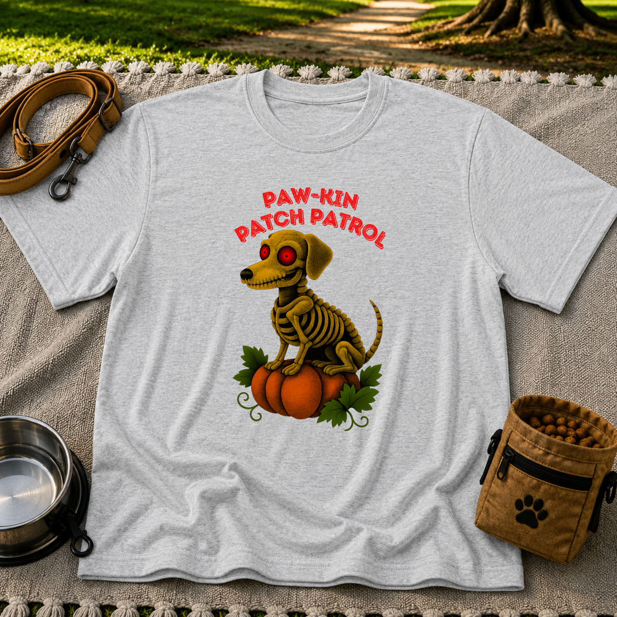 Paw-kin Patch Patrol Dachshund Halloween Dog design on a Sport Grey T-shirt.
