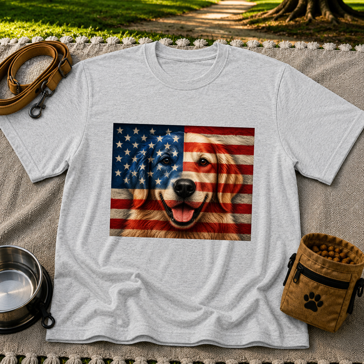 Patriotic Golden Retriever Flag design on a Sport Grey T-shirt.