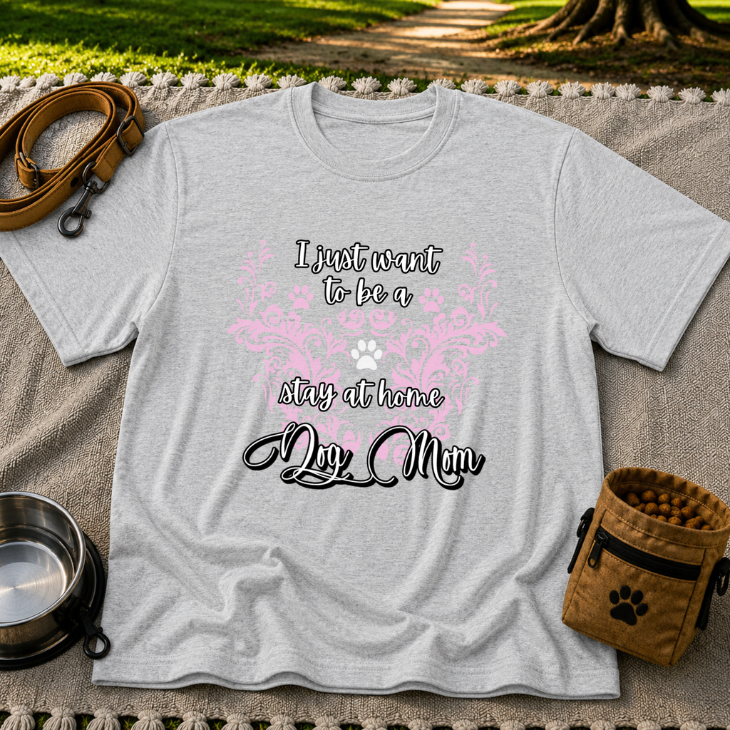 Stay at Home Dog Mom Pink design on a Sport Grey T-shirt.