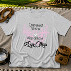 Stay at Home Dog Mom Pink design on a Sport Grey T-shirt.