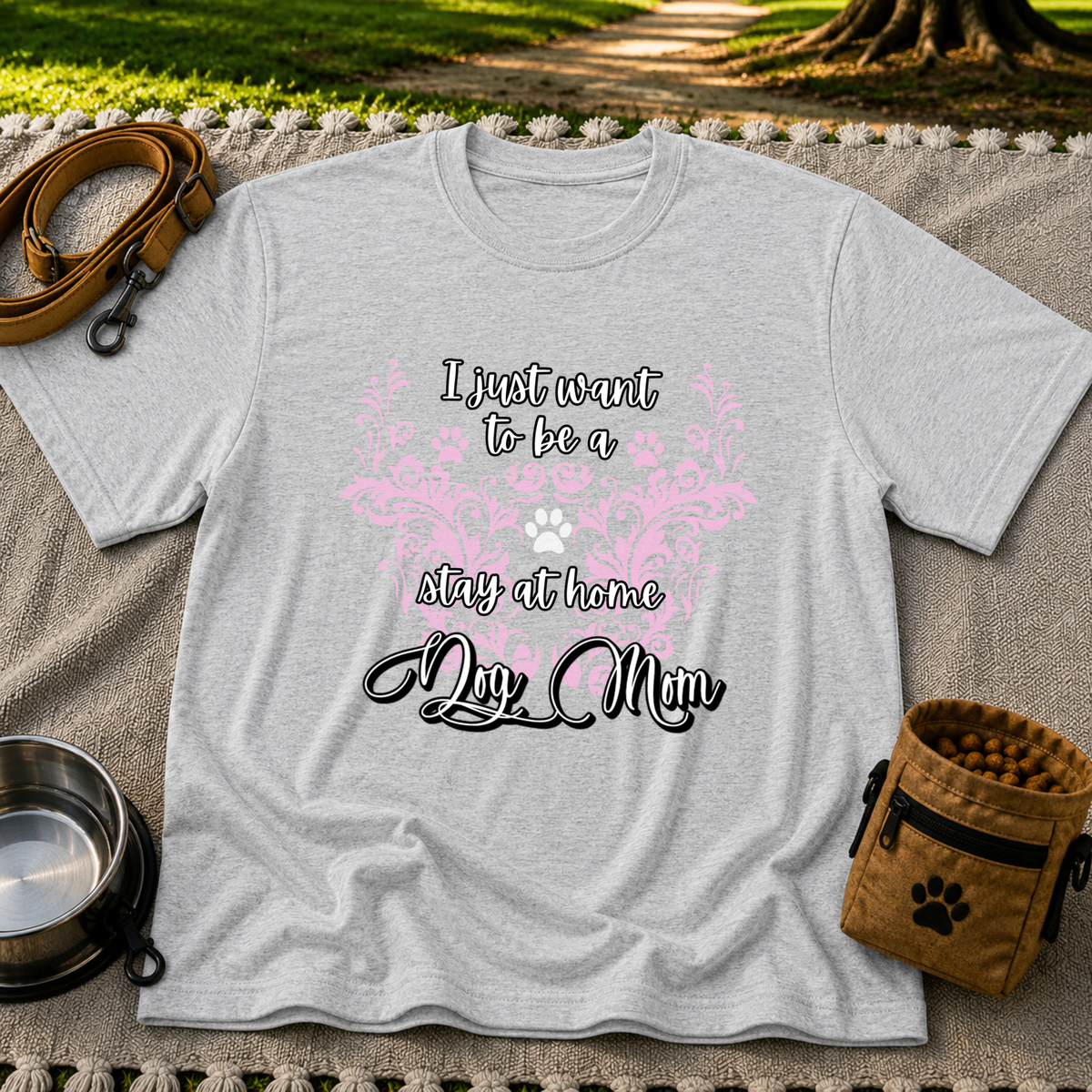 Stay at Home Dog Mom Pink design on a Sport Grey T-shirt.