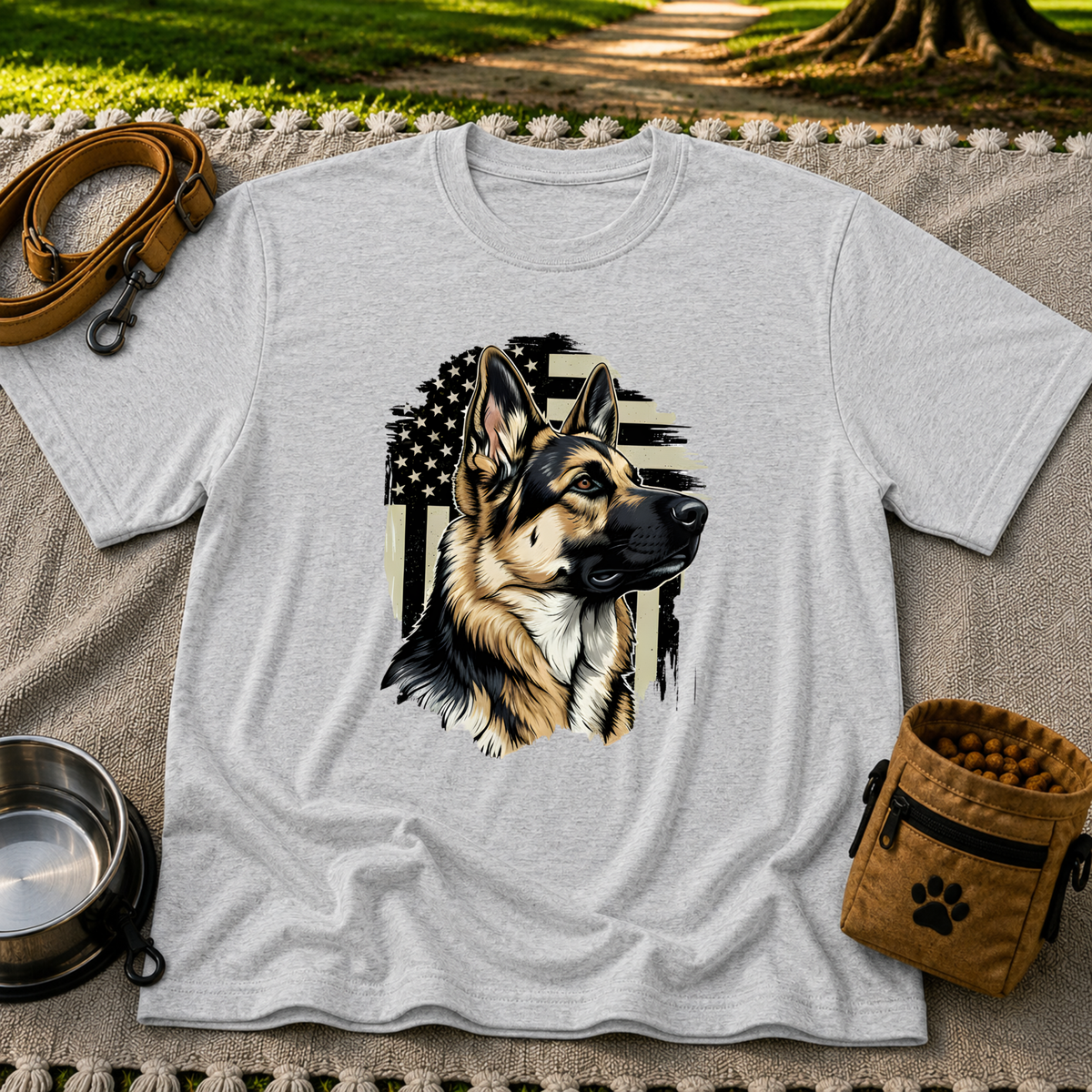 German Shepherd American Flag design on a Sport Grey T-shirt.