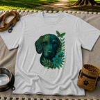 Sport Grey T-shirt mockup featuring teal dog portrait with golden circuit lines, leaves, and a butterfly.