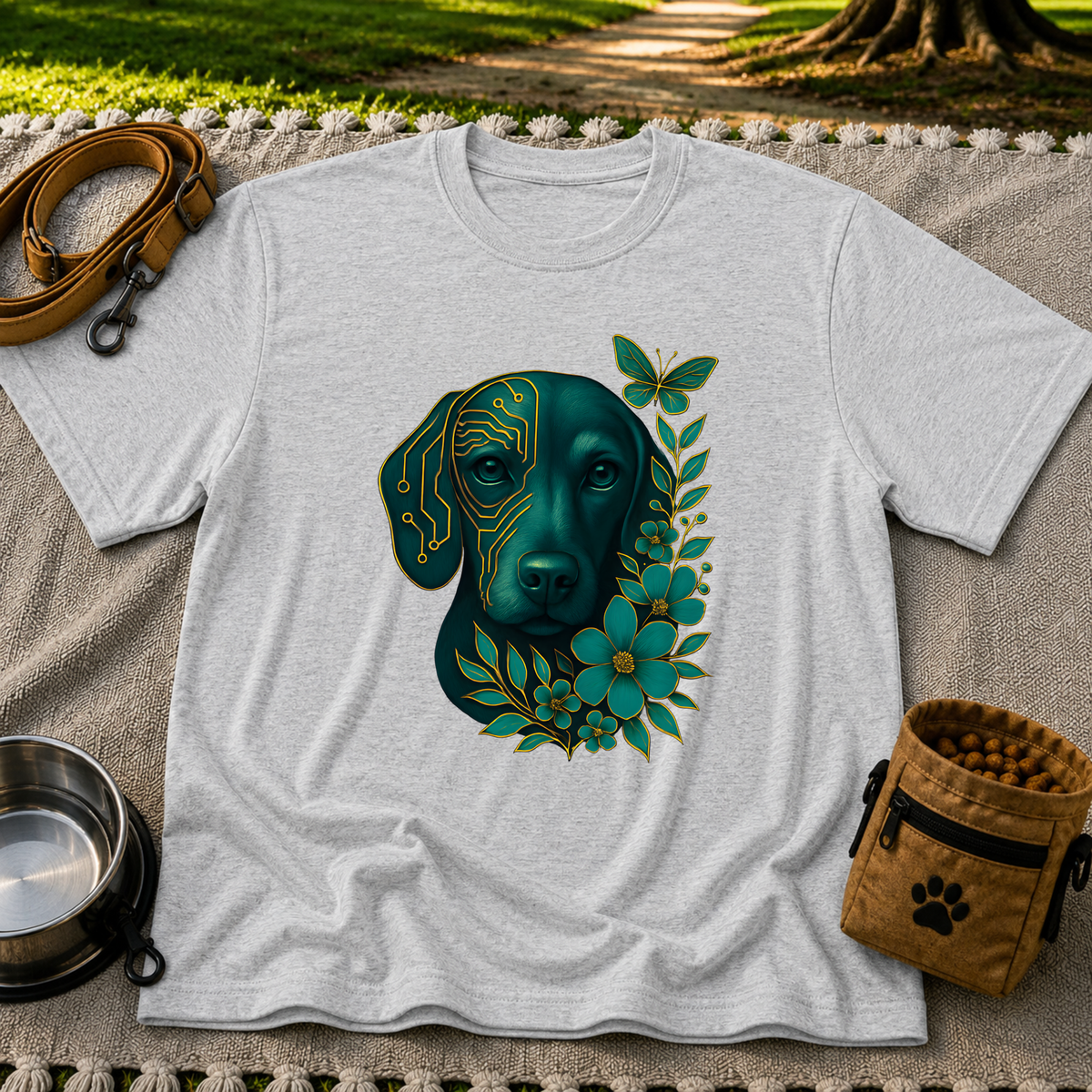 Sport Grey T-shirt mockup featuring teal dog portrait with golden circuit lines, leaves, and a butterfly.