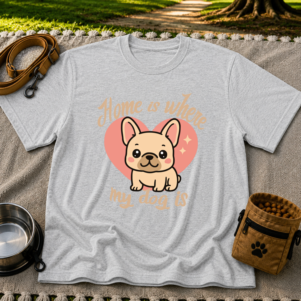 Home Is Where My Dog Is Frenchie Dog design on a Sport Grey T-shirt.