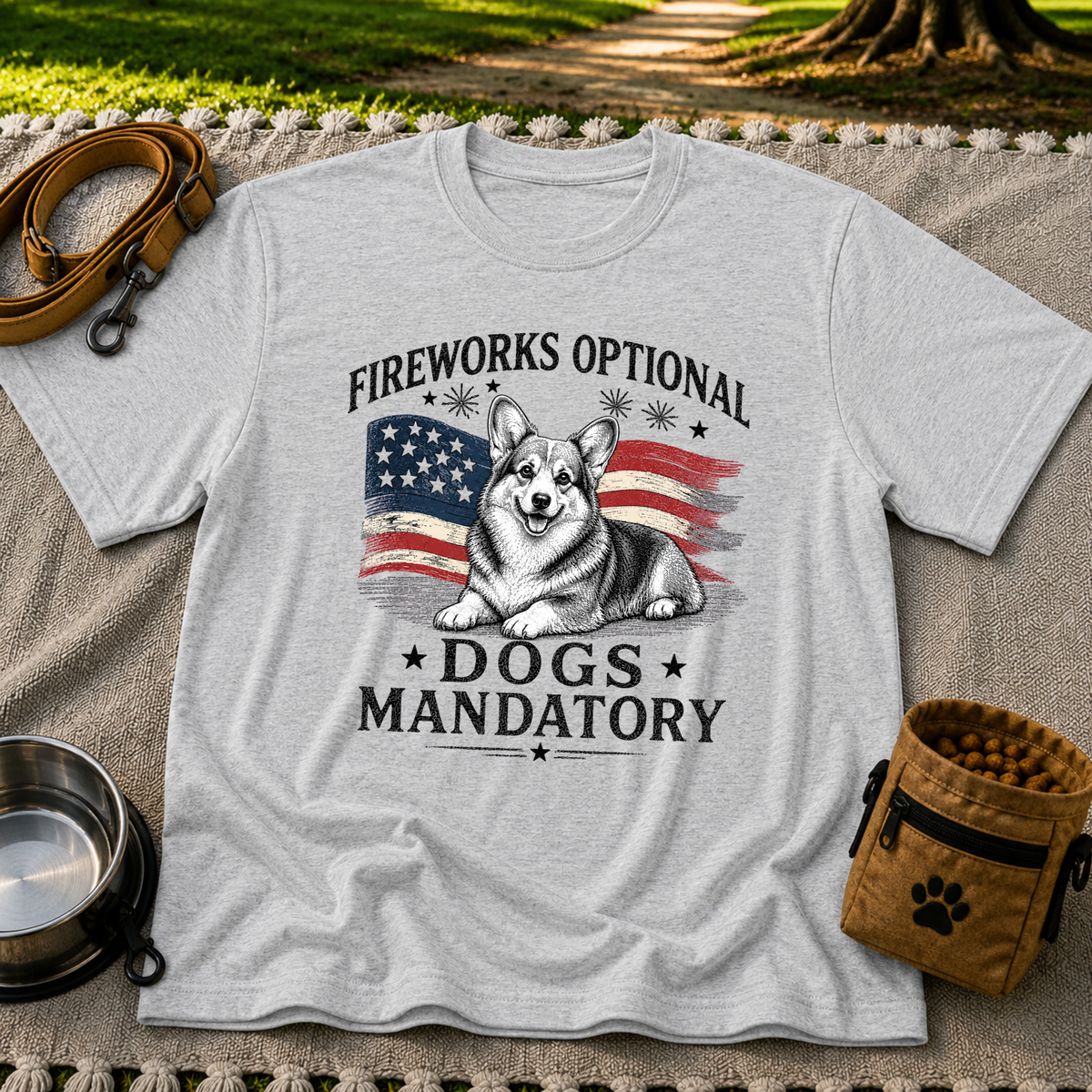 a Corgi beside “Fireworks optional, dogs mandatory”. On a Sport Grey T-shirt.