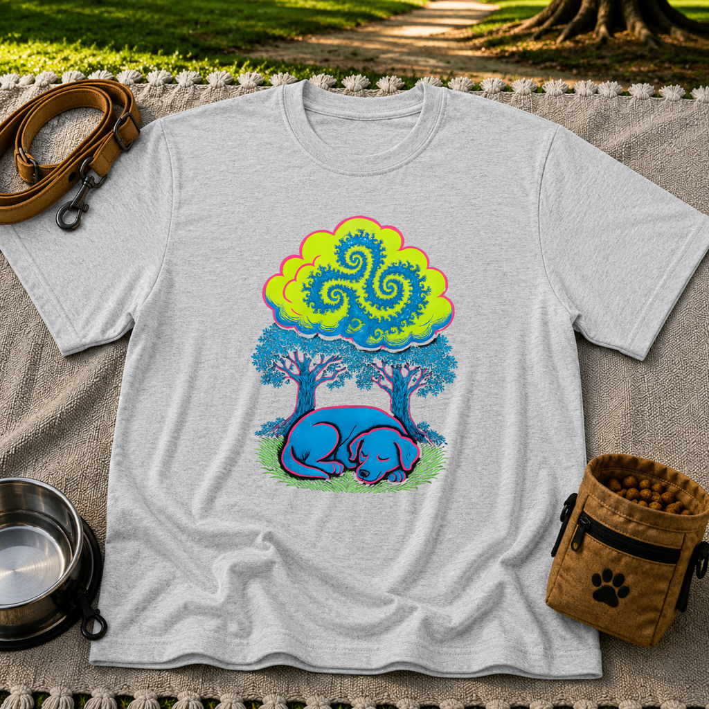 Psychedelic Sleeping Dog artwork on a Sport Grey T-shirt.