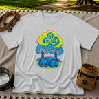 Psychedelic Sleeping Dog artwork on a Sport Grey T-shirt.