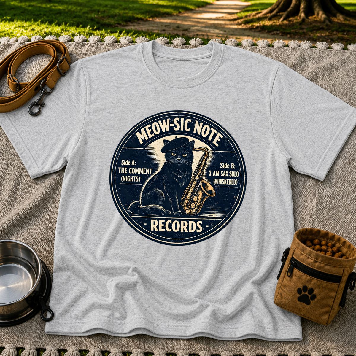Sport Grey T-shirt mockup featuring black cat beside a saxophone on a round Meow-sic Note Records label.