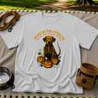 Paws of the Afterlife Labrador Skeleton Halloween design on a Sport Grey T-shirt.