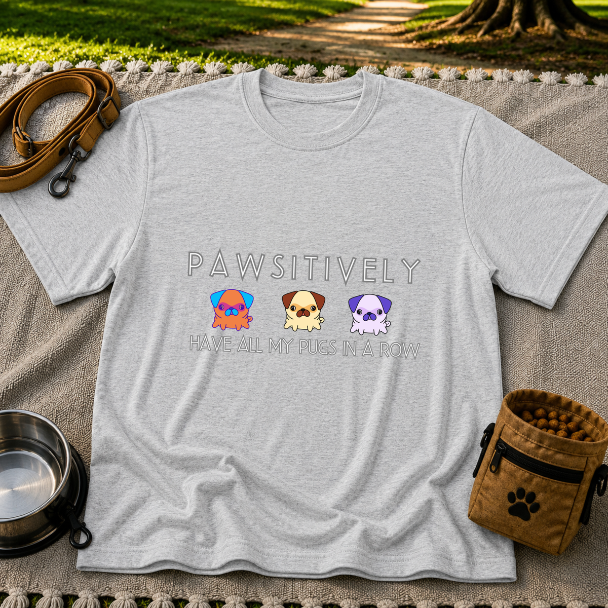 a row of three pugs beneath “Pawsitively all my pugs in a row”. On a Sport Grey T-shirt.