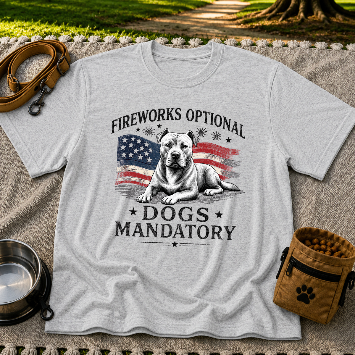 a pit bull beside “Fireworks optional, dogs mandatory”. On a Sport Grey T-shirt.