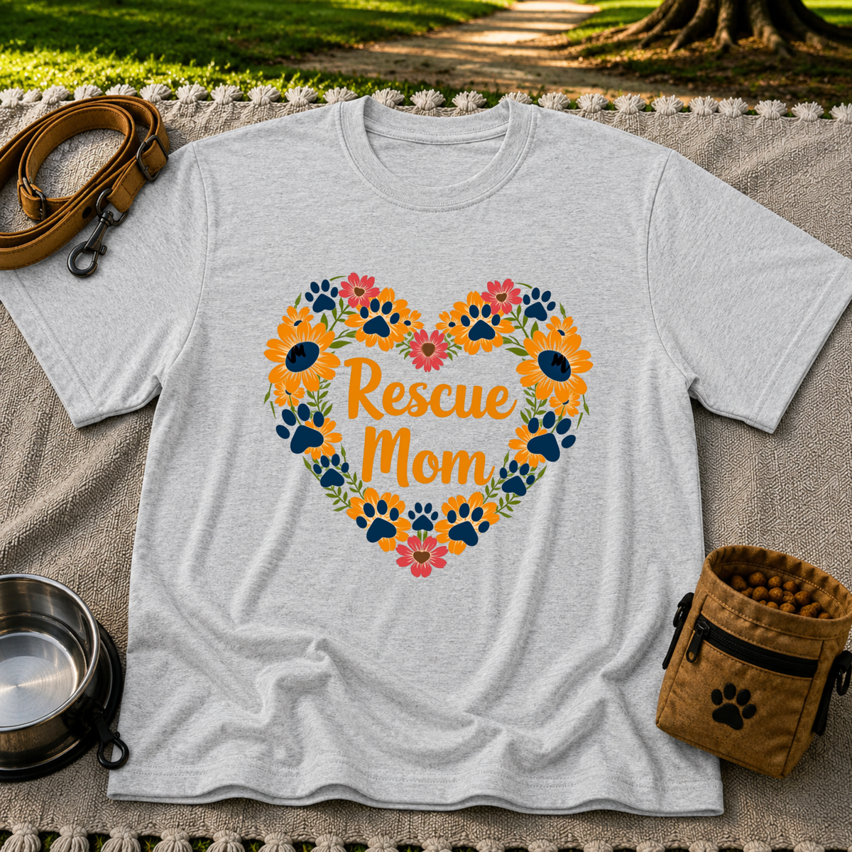 Rescue Mom Floral Paw design on a Sport Grey T-shirt.