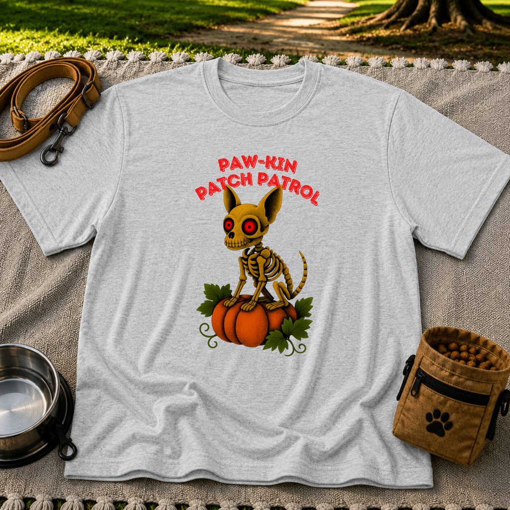 Paw-kin Patch Patrol Skeleton Chihuahua Halloween design on a Sport Grey T-shirt.